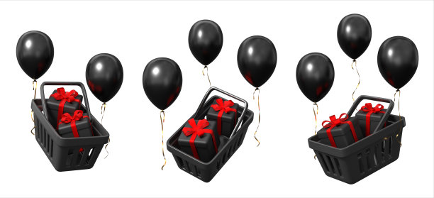 黑色购物篮与礼品盒和放飞的气球孤立在白色背景。黑色星期五促销的设计元素。3 d渲染图像。图片下载