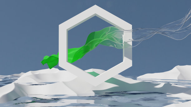 三维渲染室外场景，绿色到透明的光滑塑料波流通过白色六边形框架在冰川中间，深蓝色的水图片下载