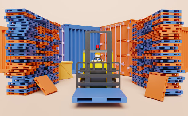 进出口集装箱，叉车，货物托盘，物流服务概念，3d插图或3d效果图图片下载