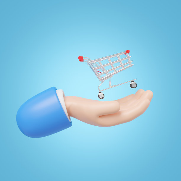 3d手持商店手推车图标。白色的购物车漂浮的手孤立在蓝色的复制空间背景。数字市场在线，电子商务概念。销售推广。商业卡通风格。3 d渲染。图片下载