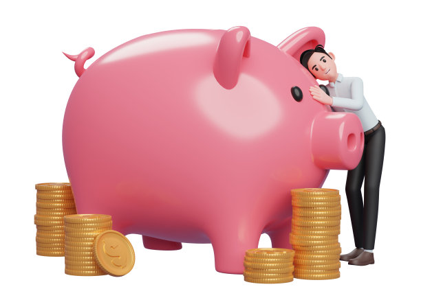 快乐的商人抱着粉红色的大储蓄罐，为未来储蓄金币图片下载