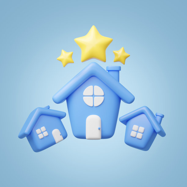 3D蓝房子，三星评级图标。可爱的家，蓝色背景上有漂浮的符号。商业投资，房地产，抵押，贷款概念。卡通图标的最小风格。3 d渲染图图片下载