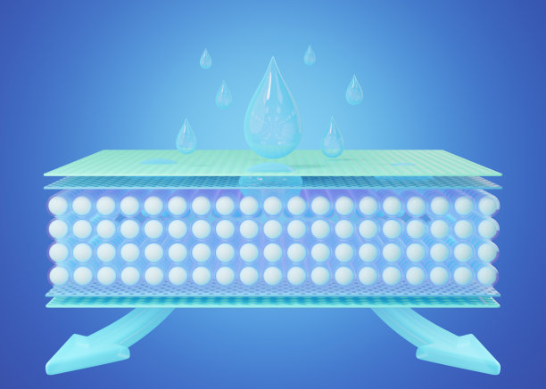 3D蓝色水滴落在吸收垫与额外厚度的吸收球。通风箭头。吸湿纤维布。婴儿，成人纸尿裤，卫生巾的广告气味材料。3 d渲染。图片下载