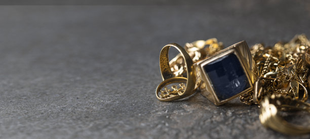 一块黄金，珠宝戒指，链子，手镯，耳环的大背景为网络横幅。我们购买黄金概念。复制空间图片下载