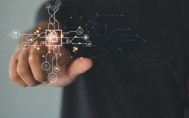 男子触摸挂锁和虚拟屏幕上的Ai图标。网络安全，数据保护，在线隐私，互联网技术。数字化转型技术战略，物联网，物联网。图片下载