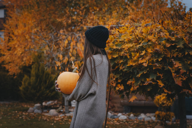万圣节女孩手里拿着一个南瓜。图片下载