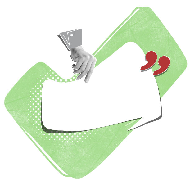 当代超现实的拼贴画。人类的手握住或触摸空白的白色语音气泡与复制空间的广告，文字在灯光背景图片下载