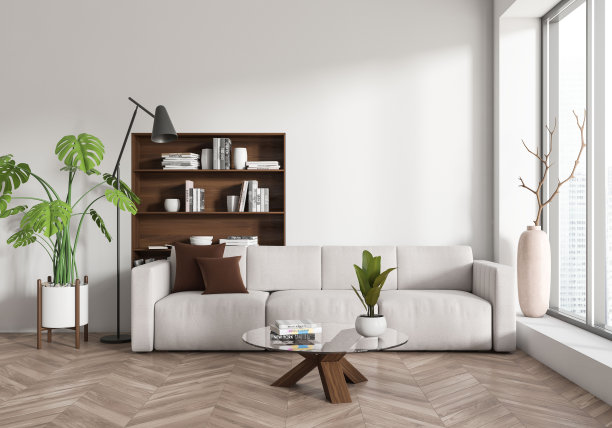 时尚的客厅内部与沙发和装饰。模型空墙图片下载