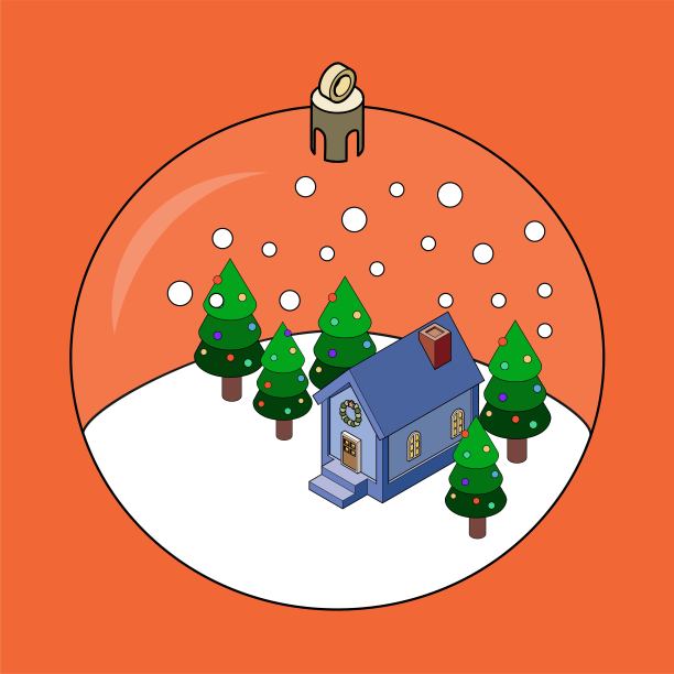 被冷杉树和飘落的雪花包围的房子的圣诞装饰品。等距插图。图片下载