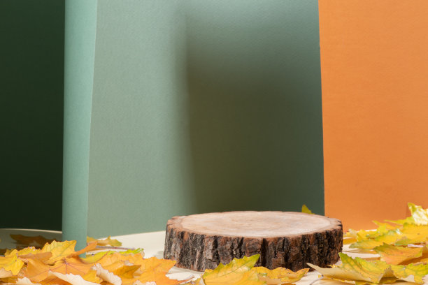 秋天的讲台由天然木材和秋天的树叶制成。图片下载