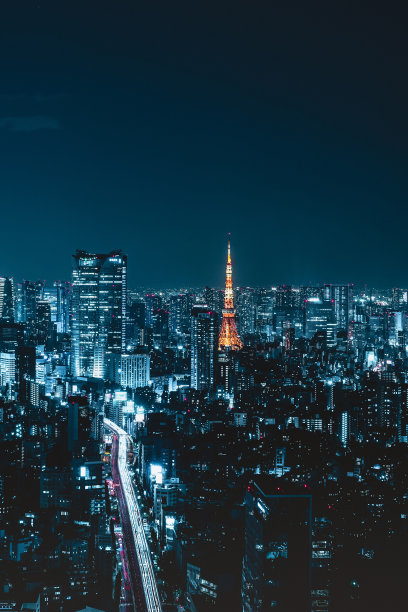 东京城市天际线及商业建筑夜景（含东京塔）图片下载