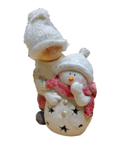 特写的玩具装饰人物的一个女孩和一个雪人在一个孤立的白色背景图片下载