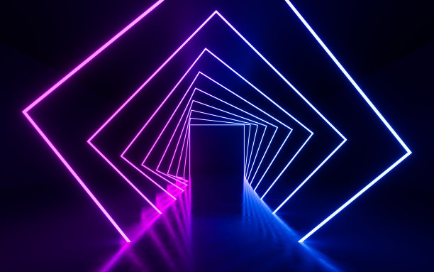 发光的霓虹灯线和隧道，3d渲染。图片下载