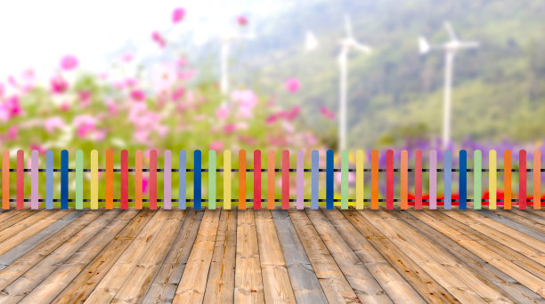 五光十色的木栅栏和地板与早晨的景观图片下载