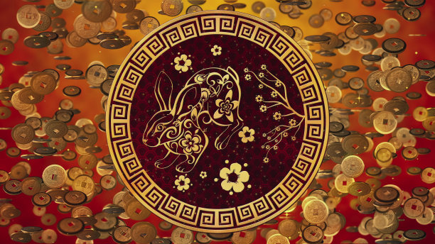 中国春节，红色背景和象征财富的掉落金币庆祝新年图片下载