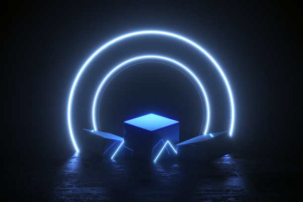 空的产品展台，讲台，平台在暗室与紫外线氖激光发光线库存照片图片下载