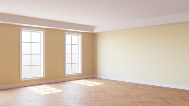 米色室内，灰泥墙，两扇窗户，白色天花板和檐口图片下载