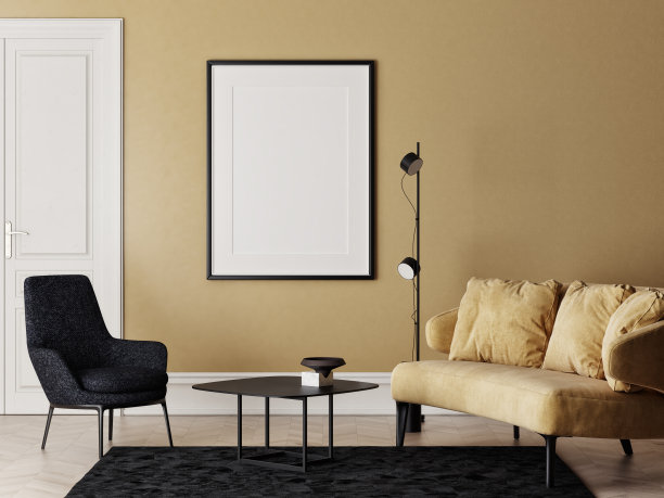 室内空间客厅设计，黄色墙壁背景与模拟海报图片下载