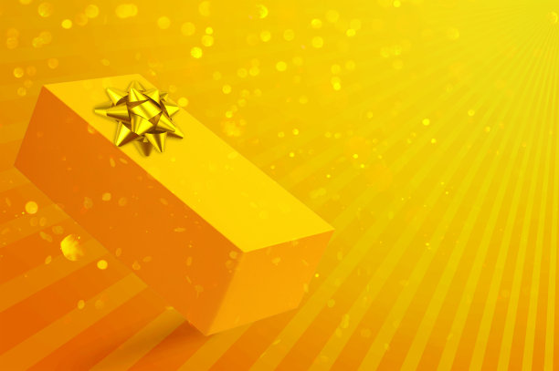 礼品盒与金色装饰蝴蝶结在黄色背景与闪闪发光，圣诞节，生日图片下载