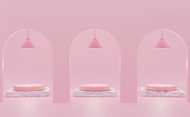 讲台空的几何形状粉红色粉彩组成的现代舞台展示和极简主义的模型，抽象的橱窗背景，概念3d插图或3d渲染图片下载