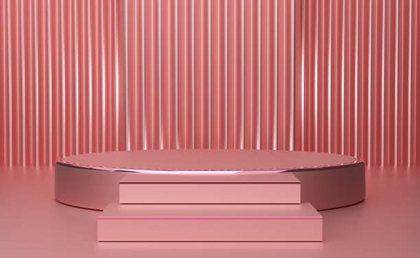 讲台空的几何形状和窗帘的粉红色粉彩组成的现代舞台展示和极简主义的模型，抽象的橱窗背景，概念3d插图或3d渲染图片下载