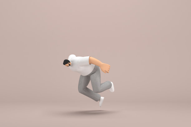 那个留着胡子的男人穿着灰色灯芯绒裤子和白领t恤。3d插图的卡通人物在表演。他正在跌倒。图片下载