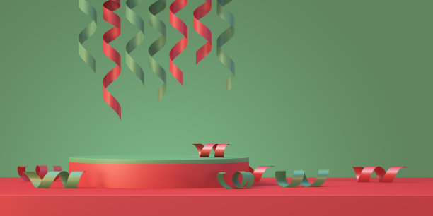 圣诞和新年产品平台模型展示背景与圣诞树和缎带，3D渲染背景图片下载