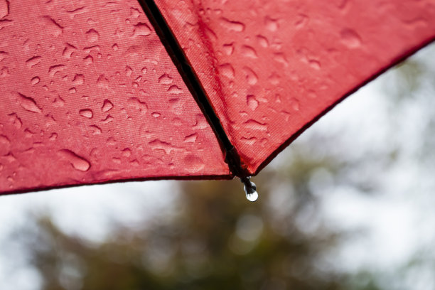 雨点落在雨伞上。自底向上的视图。一滴水滴挂在伞上。一把伞遮住了街道。红色的伞和雨。图片下载