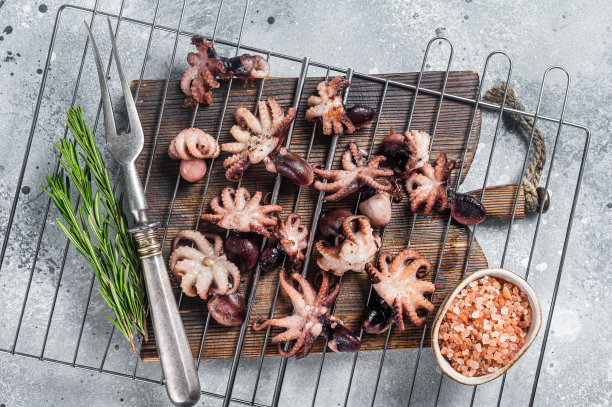 在烤架上烤小章鱼。灰色的背景。俯视图图片下载
