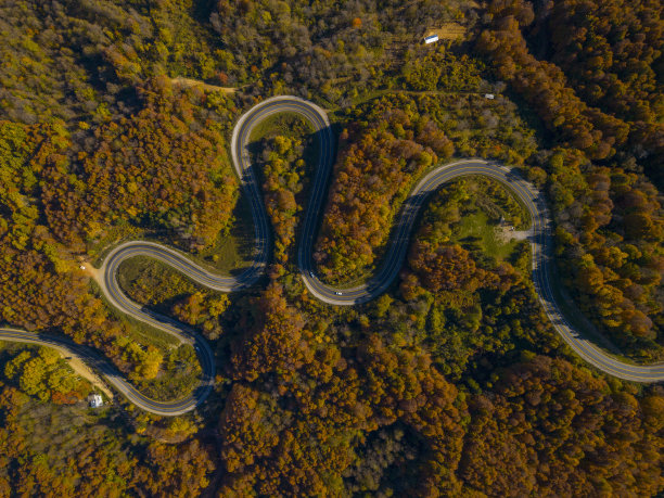 鸟瞰穿过高山茂密森林的蜿蜒道路KÃ¼tahya DomaniÃ§图片下载