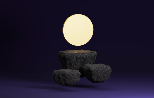 黑色破碎的石头基座浮在地面上，大的金色圆圈在深紫色的舞台背景上。图片下载