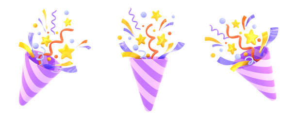 条纹爆竹与飞行的五彩纸屑前面和角度视图。卡通3d渲染集的聚会礼花与紫色丝带，螺旋和金色的星星，孤立的爆竹生日惊喜图片下载