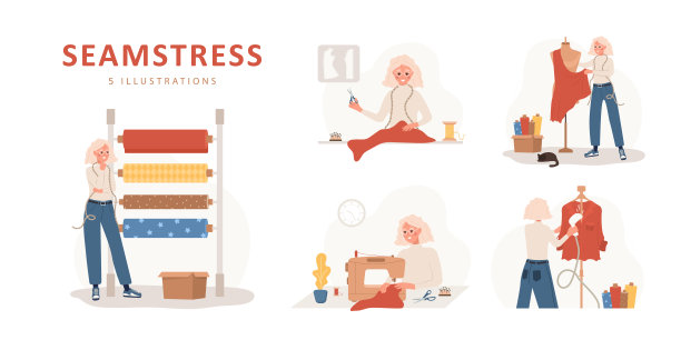 缝纫的概念。上了年纪的女裁缝负责缝制、剪裁、测量和整理衣服。服装设计师或裁缝平面卡通风格的矢量插图。爱好的概念图片下载