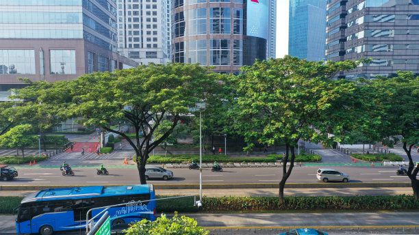 雅加达商务区中心的苏迪曼大道的鸟瞰图，道路中间有连接雅加达公交候车亭的人行天桥。雅加达是印度尼西亚的首都图片下载