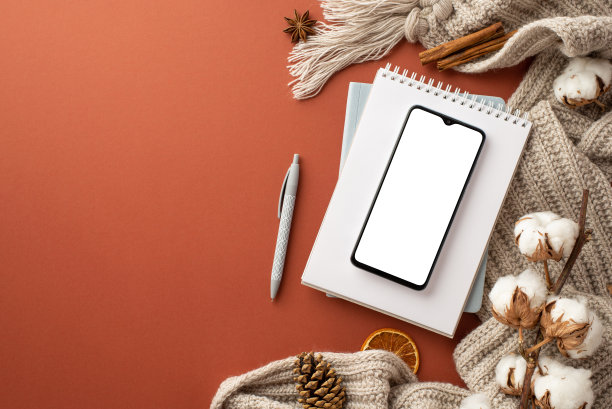 冬天的概念。俯视照片的智能手机在记事本钢笔针织格纹干橙片松果八角肉桂棒和棉花枝上孤立的棕色背景与空白图片下载