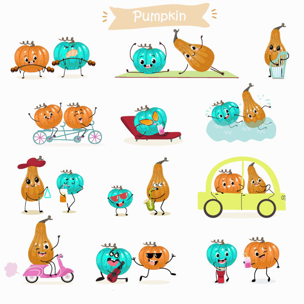 矢量插画有趣的卡通人物南瓜，涉及运动，演奏乐器，乘坐交通工具，健康食品，厨房，食材，儿童t恤设计。图片下载