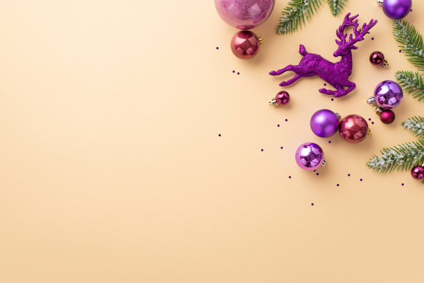 圣诞树装饰概念。俯视图照片紫色驯鹿装饰粉红紫罗兰花球松枝在霜冻和五彩纸屑孤立的淡色米色背景与空白图片下载
