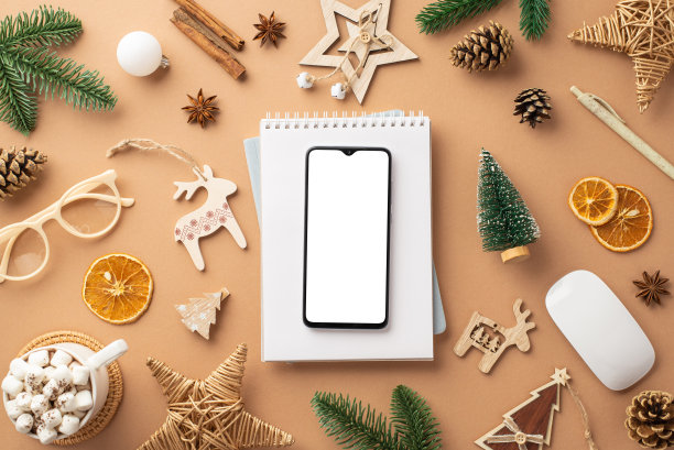 圣诞装饰品智能手机记事本电脑鼠标柳条星星马克杯可可松果云杉树枝眼镜干橙片在孤立的米色背景与空白图片下载