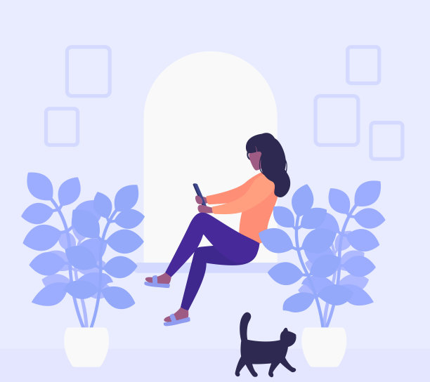 女孩在家里，坐在窗前，自我孤立矢量艺术图片下载