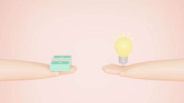 以钱换钱的概念。特写:一只手拿着灯泡，另一只手拿着钞票，推销一个想法。经营理念。金钱vs创意海报。3 d渲染图图片下载