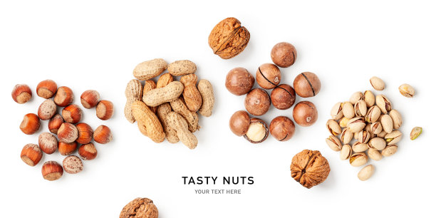不同的坚果横幅上的白色背景。创造性的布局图片下载
