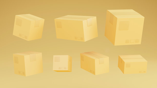 3D渲染的纸板棕色送货箱模型设置从侧面，正面和顶视图隔离在棕色背景。送货箱上有易碎品小心标志，小心搬运。图片下载