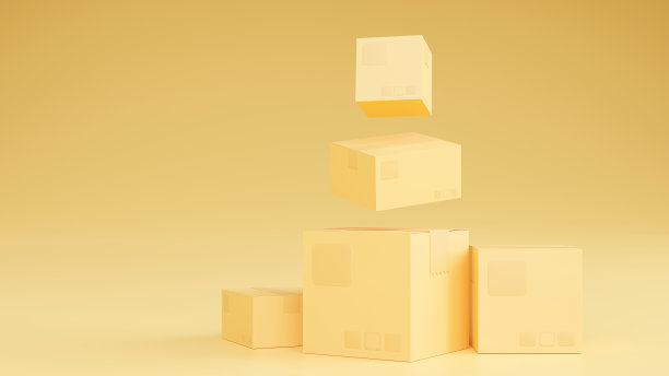 3D渲染堆堆叠现实的纸板棕色送货箱模型在棕色背景。送货箱上有易碎品小心标志，小心搬运。包裹包装模板。图片下载