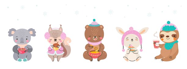 吃喝可爱的卡通动物。考拉，兔子，熊，树懒和松鼠被隔离。野生动物手持甜蛋糕和咖啡，热巧克力。向量的字符图片下载