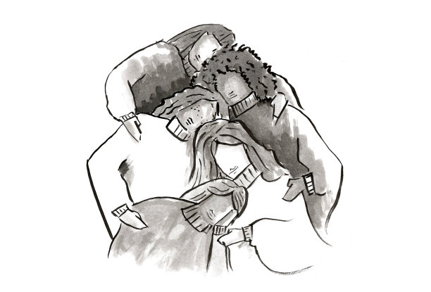 多元民族拥抱的女子水墨画图片下载