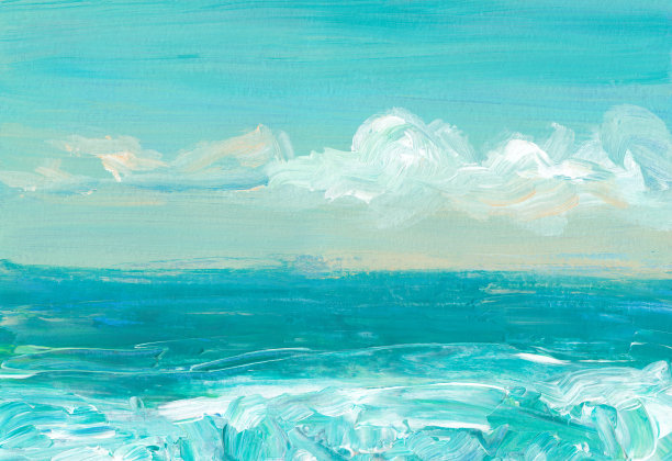 海洋山水抽象画。亚克力蜡笔白色和蓝色海景艺术。水上日落现代艺术。图片下载