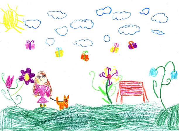 画画的女孩带着狗在公园里散步。孩子气的铅笔艺术图片下载