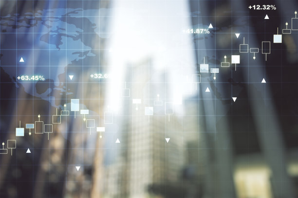 双重暴露抽象金融图表与世界地图的办公楼背景，外汇和投资概念图片下载