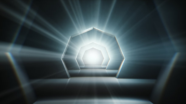 向前飞行在黑暗体积浅黑白六边形未来隧道图片下载