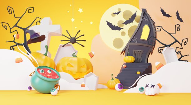 3d渲染，快乐的万圣节背景与夜景和可爱的幽灵般的设计。万圣节南瓜，幽灵，女巫的坩埚和出没的房子在橙色背景与糖果主题。图片下载